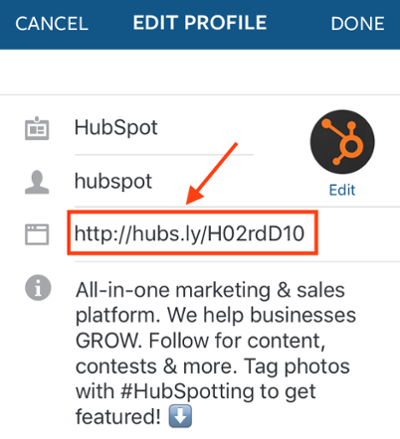  Enlace en la biografía de la cuenta de Instagram de HubSpot 