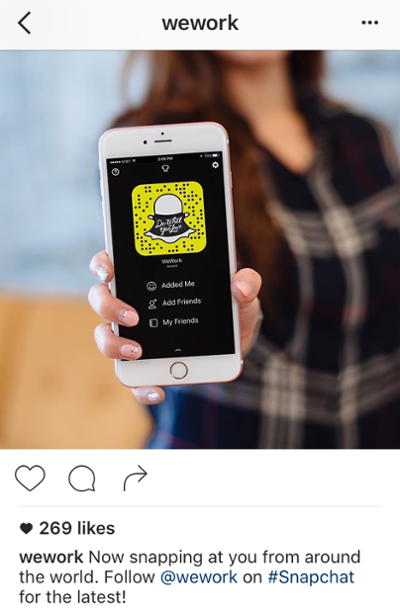  Título de Instagram de WeWork que promueve una cuenta de Snapchat "title =" wework-promotion-other-social-networks.png "width =" 400 "style =" width: 400px 