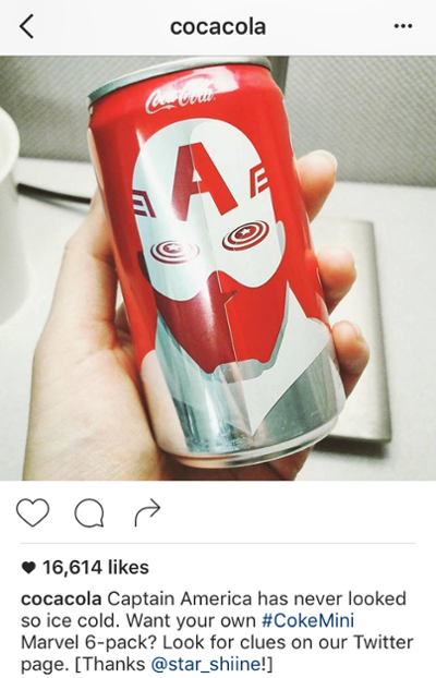  Título de Instagram de Coca-Cola que promueve la cuenta de Twitter "title =" coca-cola-cross-promotion-twitter-on-instagram.png "width =" 400 "style =" width: 400px 