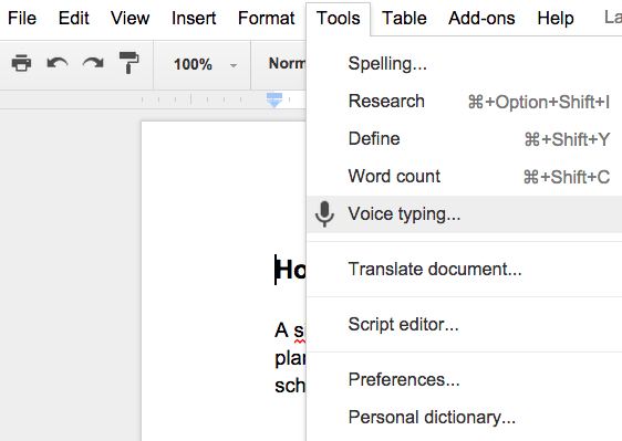 Voice typing option in a Google Doc" srcset="https://blog.hubspot.com/hs-fs/hubfs/voice-typing.png?t=1526202848593&width=281&height=200&name=voice-typing.png 281w, https://blog.hubspot.com/hs-fs/hubfs/voice-typing.png?t=1526202848593&width=562&height=399&name=voice-typing.png 562w, https://blog.hubspot.com/hs-fs/hubfs/voice-typing.png?t=1526202848593&width=843&height=599&name=voice-typing.png 843w, https://blog.hubspot.com/hs-fs/hubfs/voice-typing.png?t=1526202848593&width=1124&height=798&name=voice-typing.png 1124w, https://blog.hubspot.com/hs-fs/hubfs/voice-typing.png?t=1526202848593&width=1405&height=998&name=voice-typing.png 1405w, https://blog.hubspot.com/hs-fs/hubfs/voice-typing.png?t=1526202848593&width=1686&height=1197&name=voice-typing.png 1686w" sizes="(max-width: 562px) 100vw, 562px[1 9659052]Want to voice type in Google Docs on your phone? Voice typing only works for computers, but many iOS and Android mobile devices have built-in microphones you can use with a document.</p>
<h3 style=
