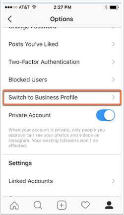  Cambie a la opción de Perfil empresarial en la aplicación móvil de Instagram "width =" 250 