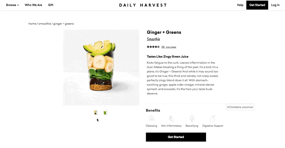  Página de inicio del producto para el batido de Jengibre + Verdes con lista de ingredientes de Daily Harvest 