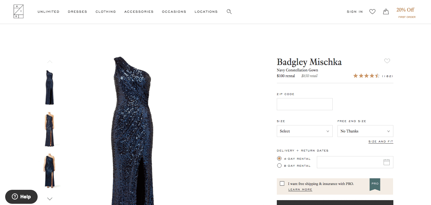  Página de producto para el vestido azul marino de Badgley Mischka de Rent the Runway 