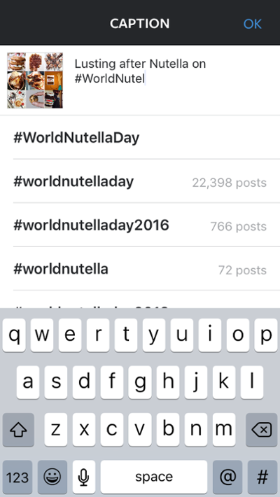  El usuario de Nutella muestra cómo usar las sugerencias de hashtag de Instagram en un título "title =" nutella-hashtag-sugerencias.png "width =" 400 "style =" width: 400px 